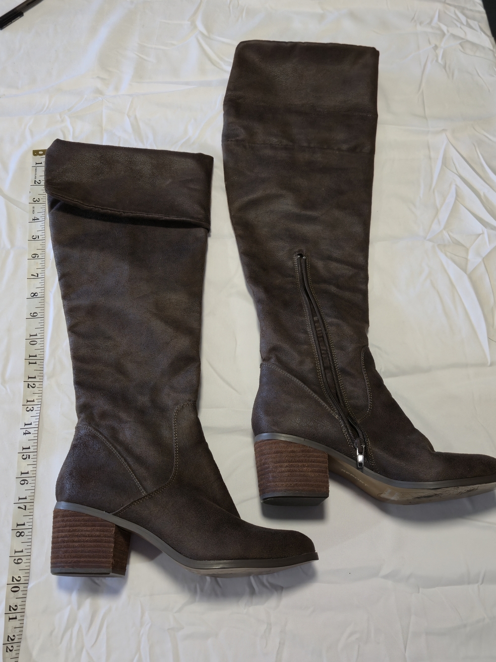 Report Brown Suede Over-the-Knee Block Heel Zip Boots